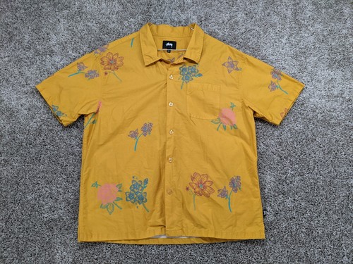 Stussy Shirt Men Medium Hawaiian Lounge Camp Button Up Yellow Floral Loop Collar