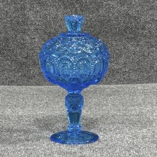 Vintage Weishar Moon & Stars Covered Compote 10.5" Blue Pressed Glass Lid Signed