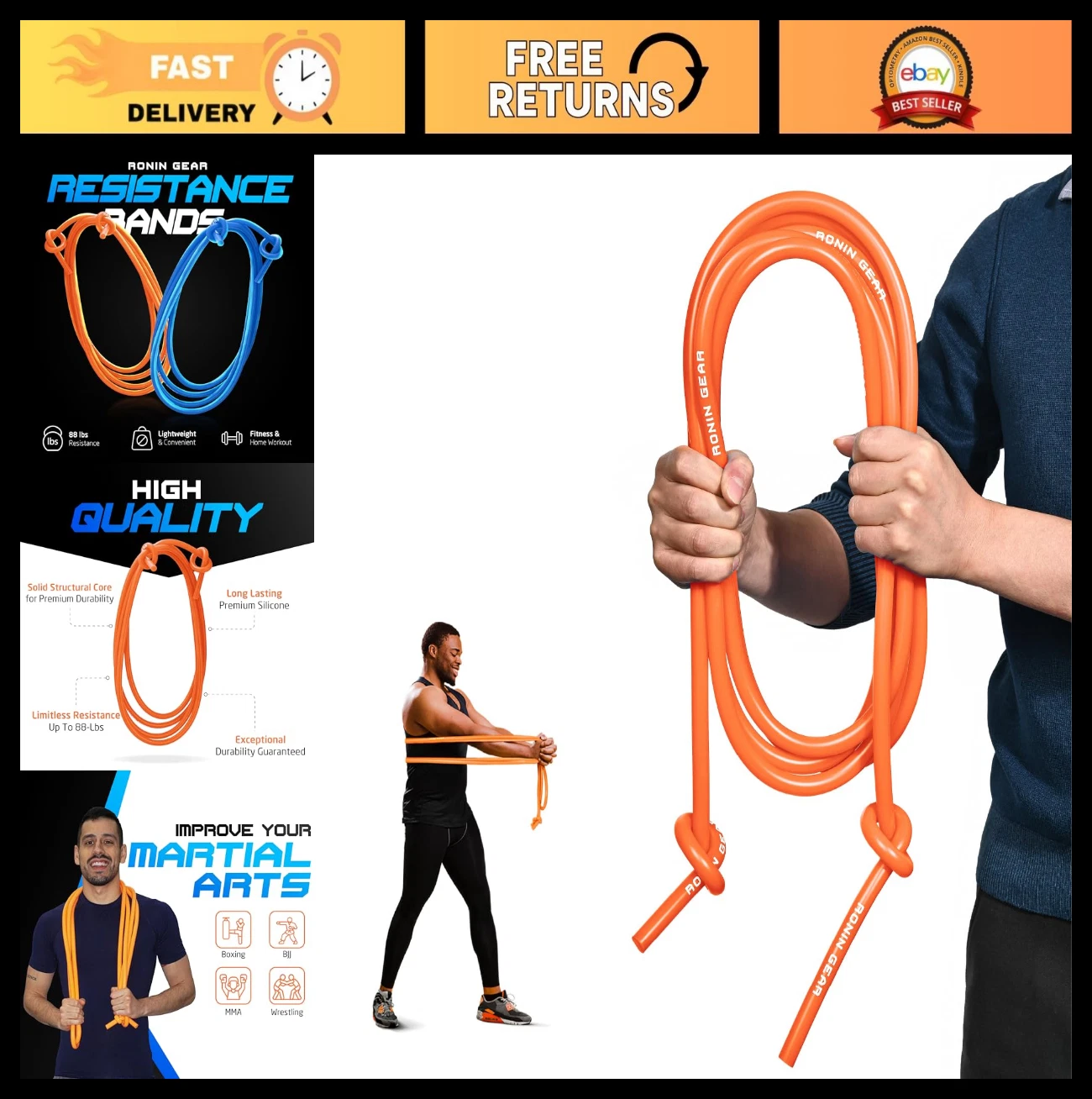 16ft Resistance Bands - 88lbs Strength Training - Elastic Workout & Fitness Band