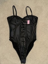 FORPLAY BLACK Faux Leather Corset Spaghetti Strap Adjustable M/L NWT Bustier
