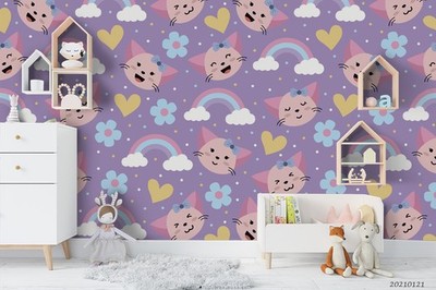 3D Rainbow Cat Pattern Kids Self-adhesive Removeable Wallpaper Wall Mural