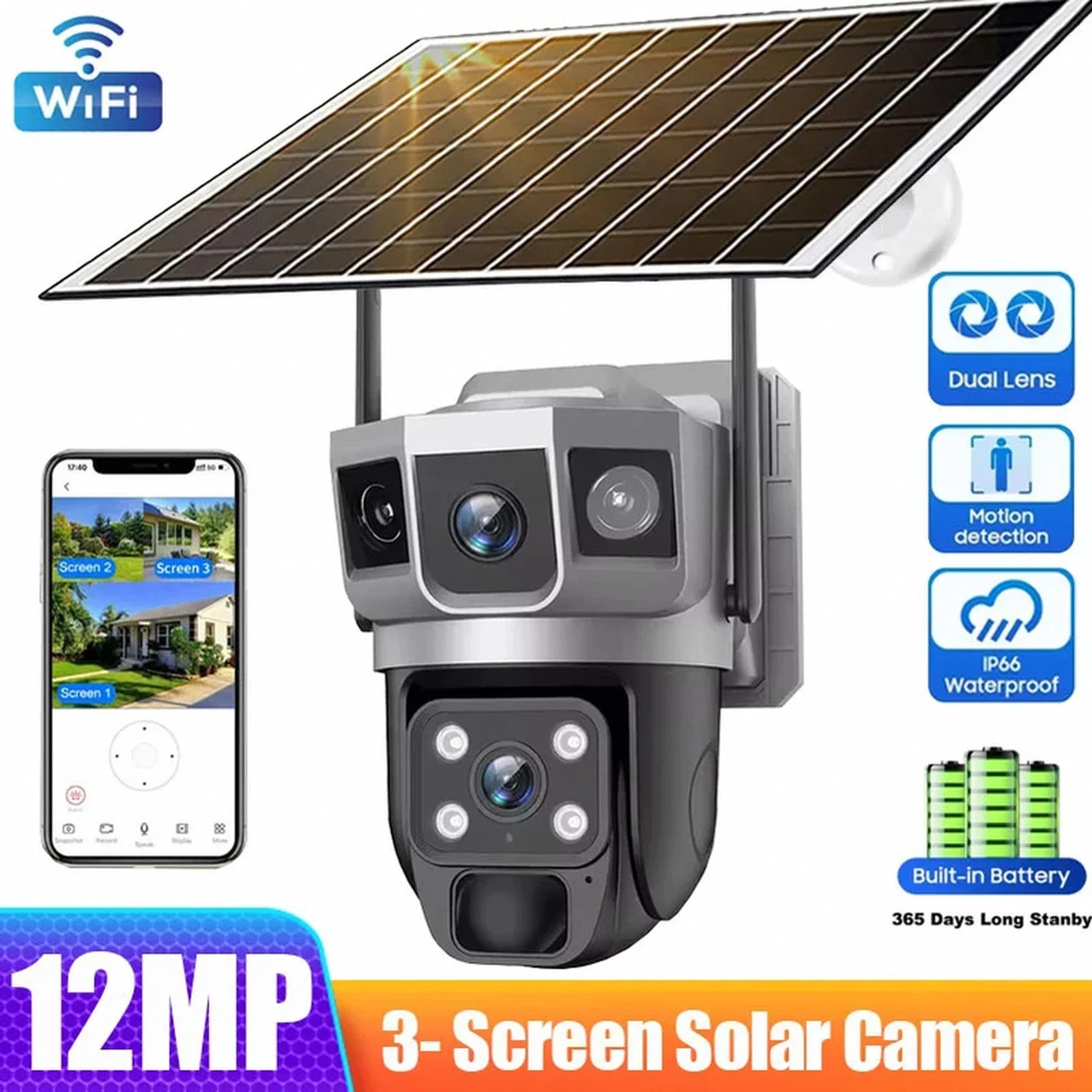 12MP Solar WiFi Security Camera - PTZ Outdoor, V380 Pro, 10X