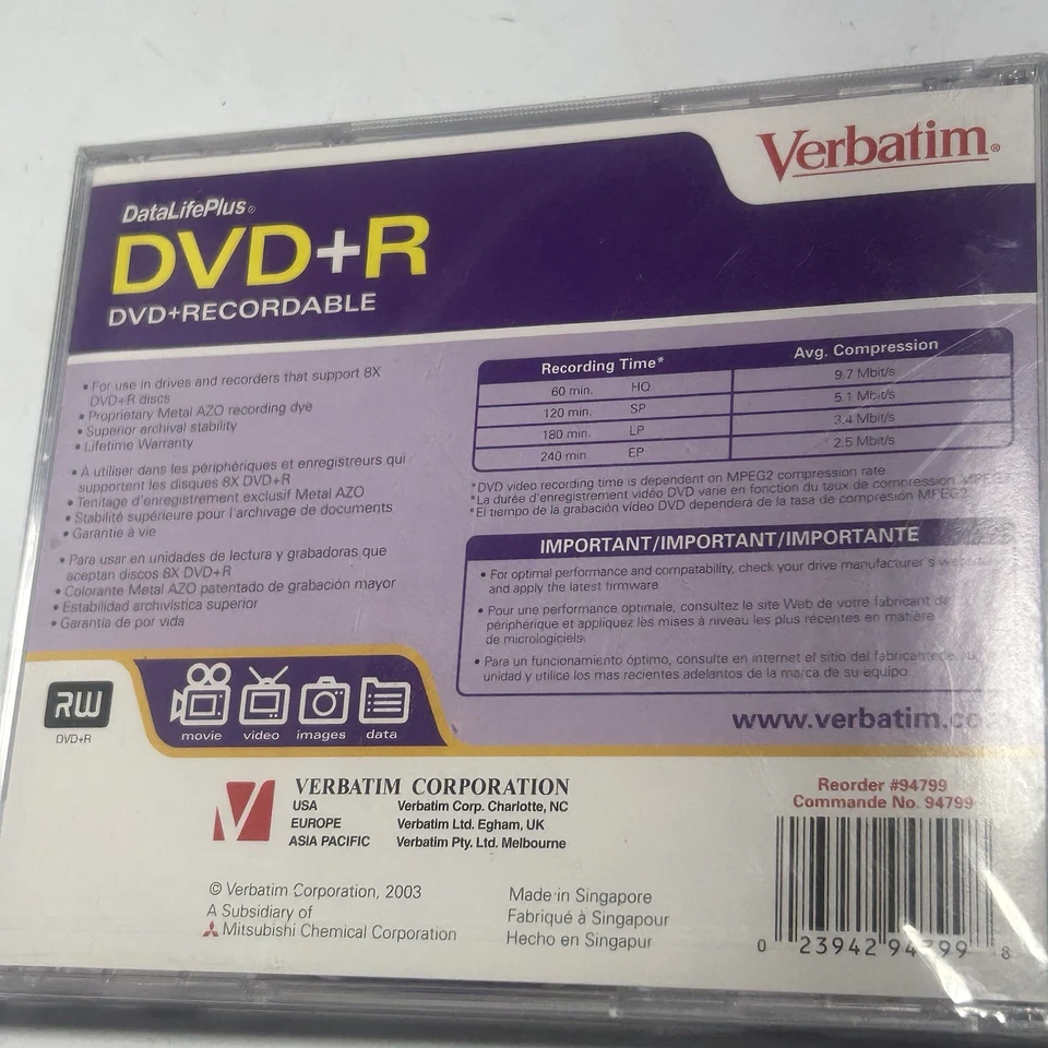 NEW Verbatim Recordable DVD-R 4.7GB 120m 1x-8x Speed Media Archival Free Ship - Image 2 of 3