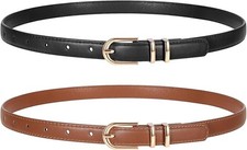 2 Pack Women Skinny Faux Leather Belts Thin Waist Belts With Adjustable Gold ...