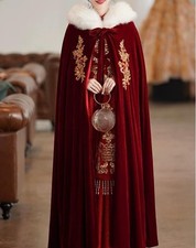 Velvet Wedding Party Cloak with Appliqued Floral Design and Thick Fur Collar