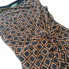 Lauren Ralph Lauren Dress Womens Black Brown Geo Print Stretch Pleats Classic