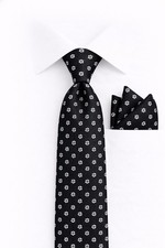 Men's Black Floral Necktie with White Flowers  Matching Pocket Square