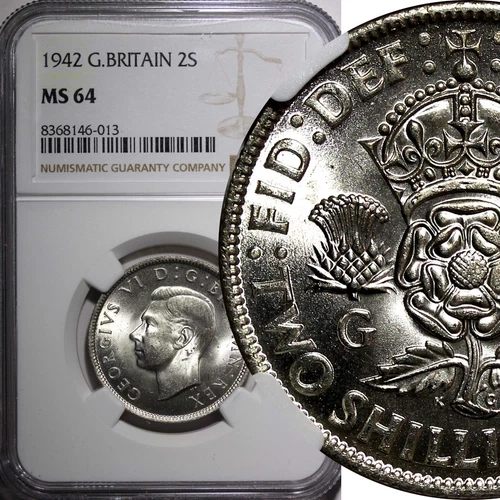 GREAT BRITAIN George VI Silver 1942 Florin 2 Shilling NGC MS64 WWII Issue KM#855