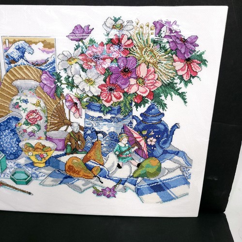 Completed Finished Cross Stitch East Meets West Asian Blue Willow - Picture 3 of 10
