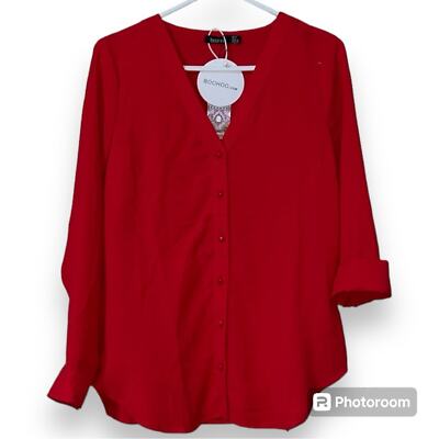 Boohoo women s size 8 v-neck solid red blouse long sleeve roll tab business new