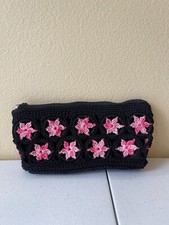Vintage hand made Crochet Small Clutch Purse black pink