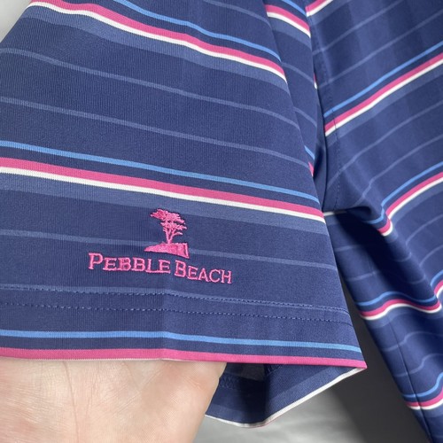 Pebble Beach Mens Polo Shirt L Blue Pink Striped Short Sleeve Performance Golf - Picture 7 of 7
