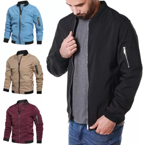 NEU Herren Full Zip Bomber Jacke Leicht Windjacke Freizeit Frühling Herbst Dünn - Bild 2 von 21