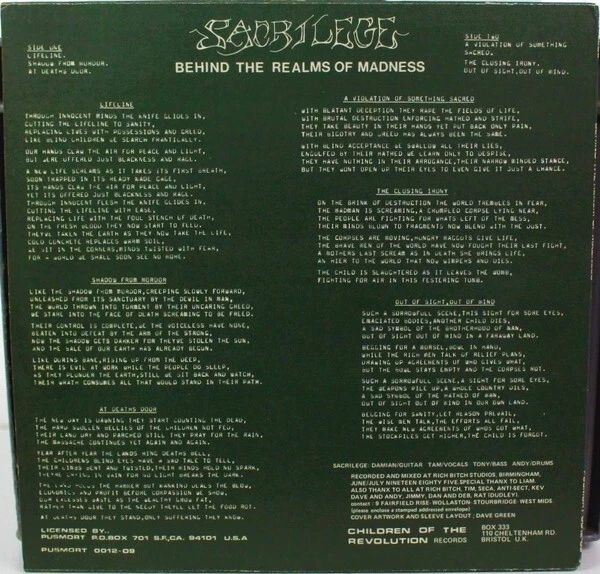 SACRILEGE Behind The Realms Of Madness LP BLUE /50 Misprint RARE FREE SHIPPING - Image 3 of 4