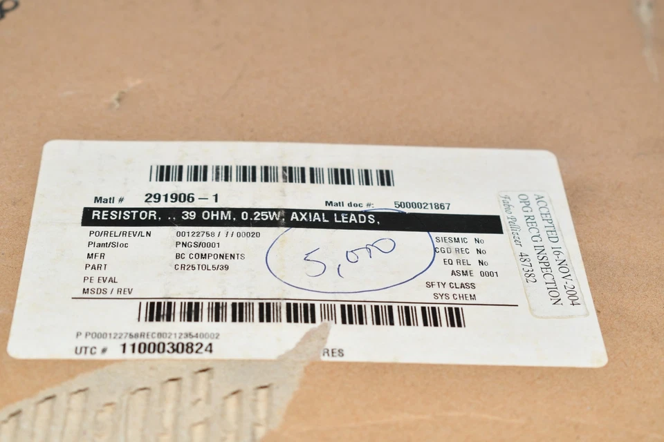 5,000 pcs BC Components CR25TOL5/39 Resistor 39 OHM 0.25W Axial Leads - Image 2 of 3