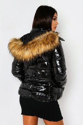 Download LADIES SHINY BLACK PUFFER JACKET WITH FAUX FUR TRIM (also ...