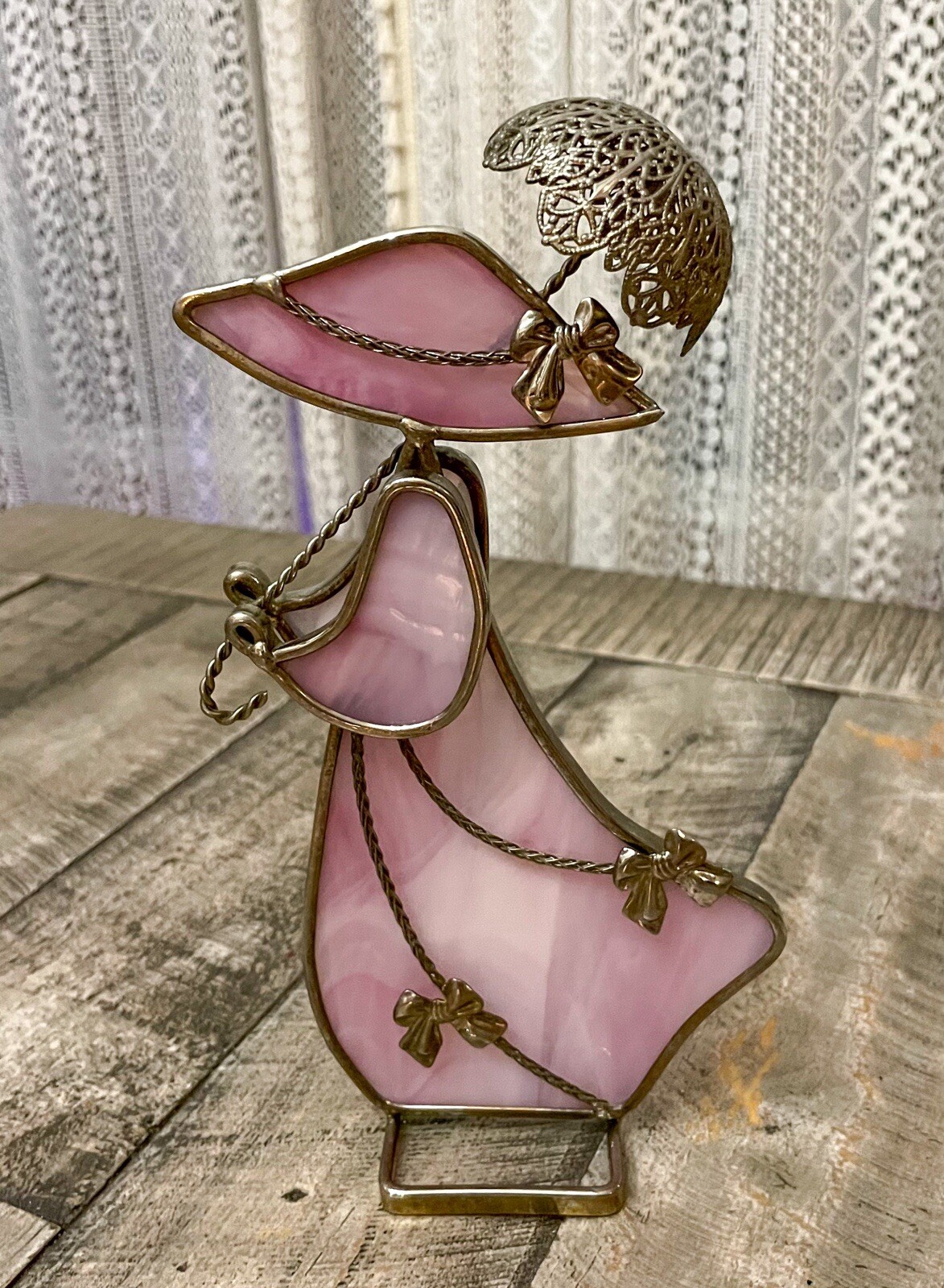 Pink Stained Glass Umbrella Girl Figurine Decoration Sun Catcher 8”