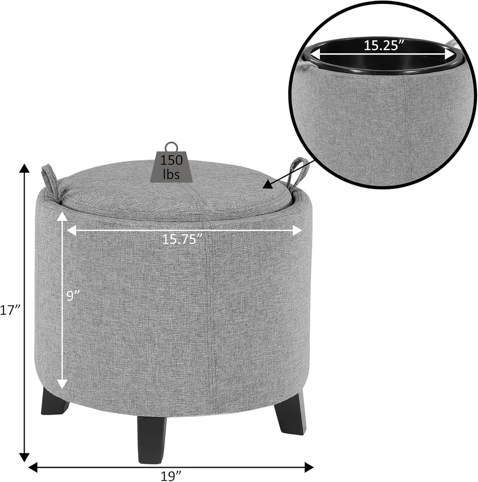 Round Modern Upholstered Foot Stool Small Tray Table, Storage Ottoman Tan Fabric - Image 2 of 4