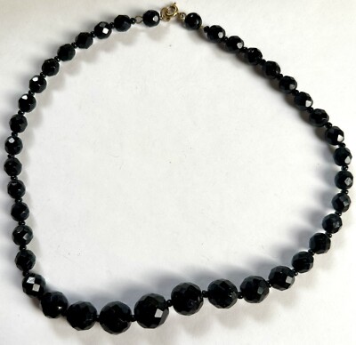 VTG Black Glass Goth Dark Glitz Necklace 50s Mourning Victorian Revival 17.5 