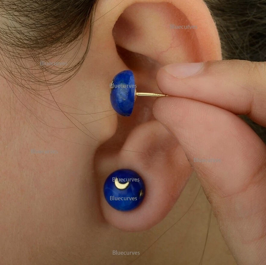 Brincos celestiais de lápis-lazúli natural 8 mm ouro 14k estrela e lua - Imagem 4 de 4