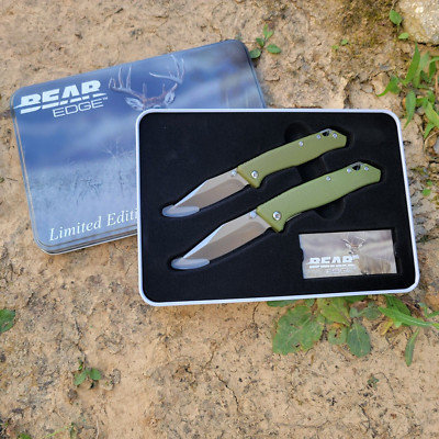 **SALE** BEAR EDGE KNIVES TWO KNIFE GIFT TIN SET WITH OD GREEN HANDLES KNIVES