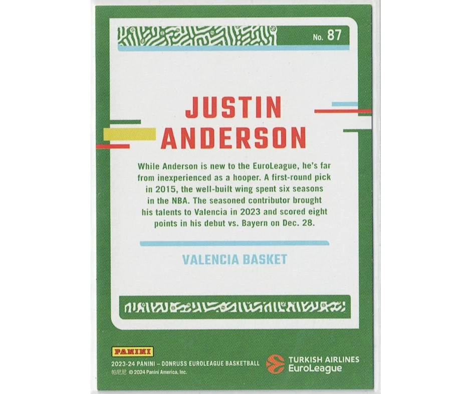 Prueba de prensa de la Euroliga Panini Donruss 2023-24 98/249 #87 Justin Anderson Foto 2 de 2