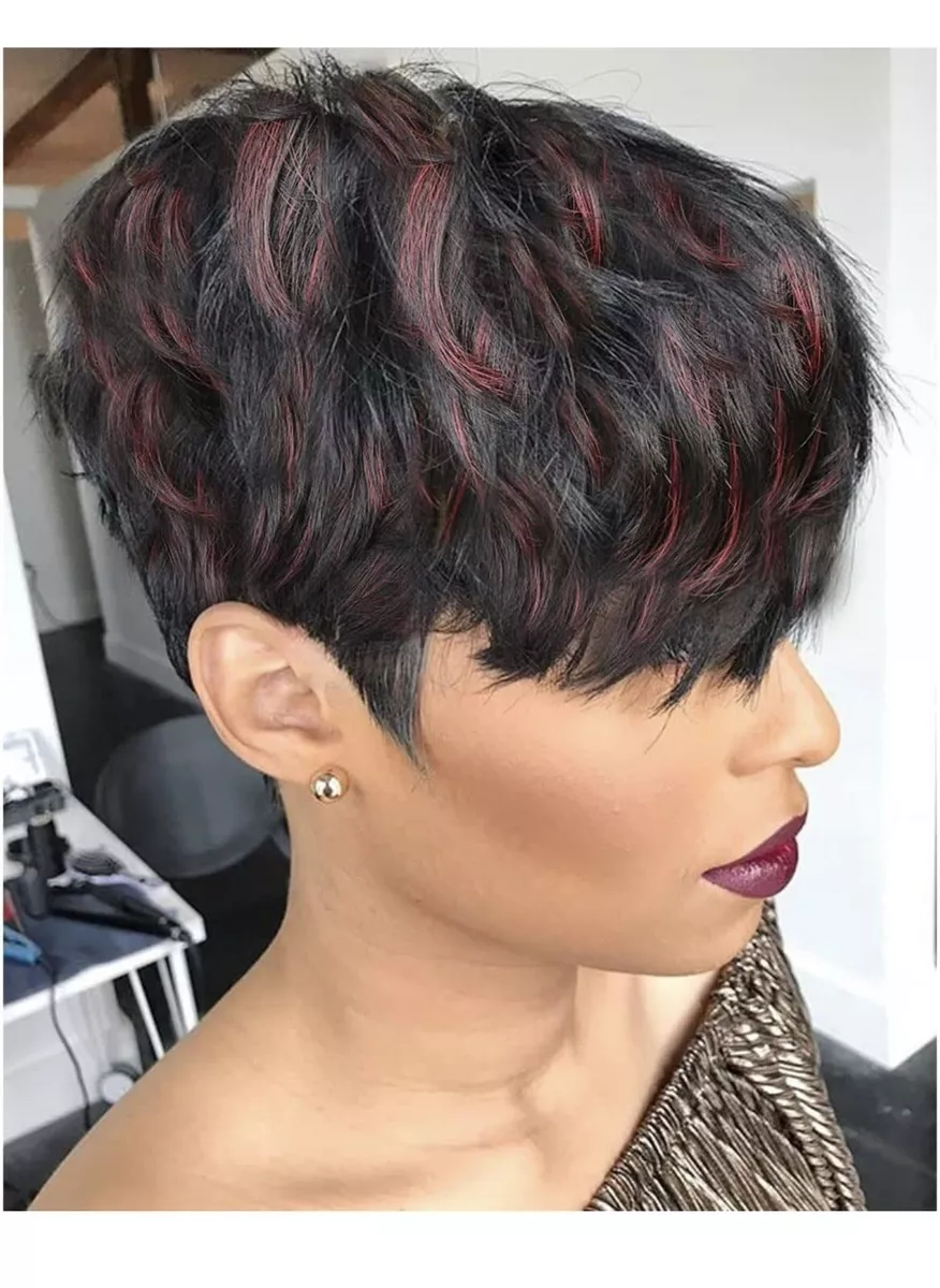 Pixie Cut Wigs for Black Women with Bangs Black Wine Red Color