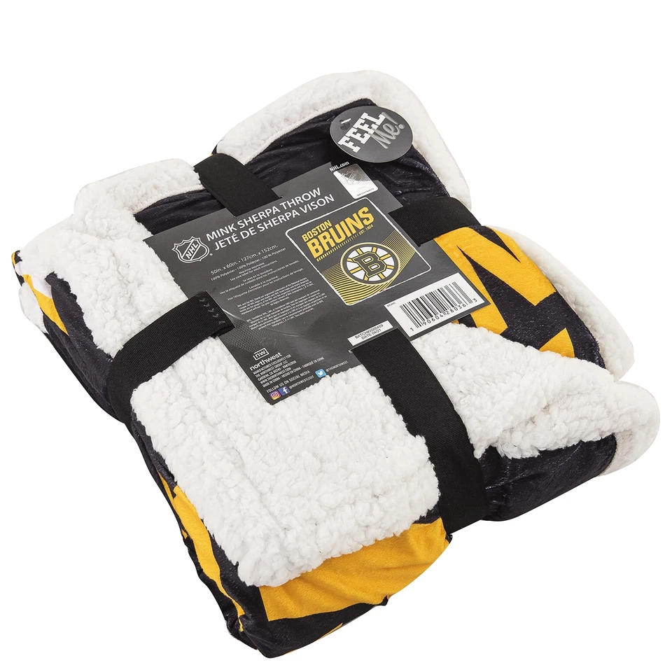 NHL Boston Bruins Mink Sherpa Throw Blanket, 50" x 60", New School - Image 3 of 4