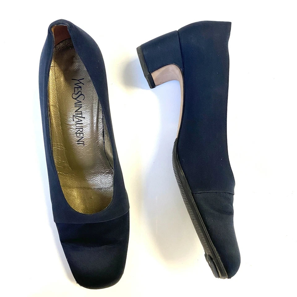 LOT x 3 Vtg YSL Yves Saint Laurent Blue Satin & Black Yellow Patent Pumps 8.5M - Image 2 of 4