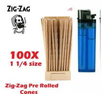 Authentic Zig-Zag 1 1/4 Size Unbleached Pre rolled Cone 100 Cones + Free LIGHTER
