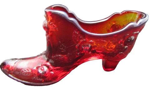 Fenton Art Glass Amberina Red Glass Rose Shoe Slipper Boot Figurine Glows