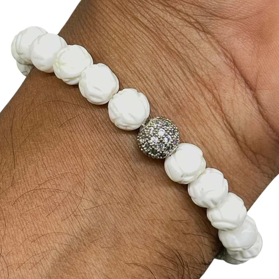 Handgemacht Stretch Armband 8mm Naturweiß Tridacna Schnitzerei Perlen & Cz Kugel - Bild 3 von 4