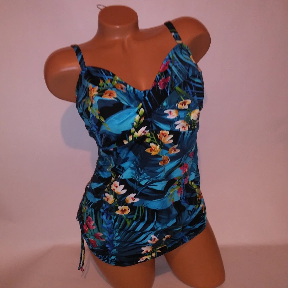 Tankini Fantasie Swim 34H azul verde floral levemente forrado lados franzidos - Imagem 4 de 4