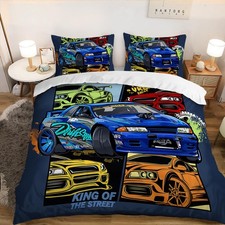 Colorful Racing Car Duvet Cover Set Twin Size, Extreme Sports Theme Bedding S...