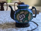 Vintage Tiffany Style Stained Glass Teapot Accent Lamp Floral Light Table Lamp
