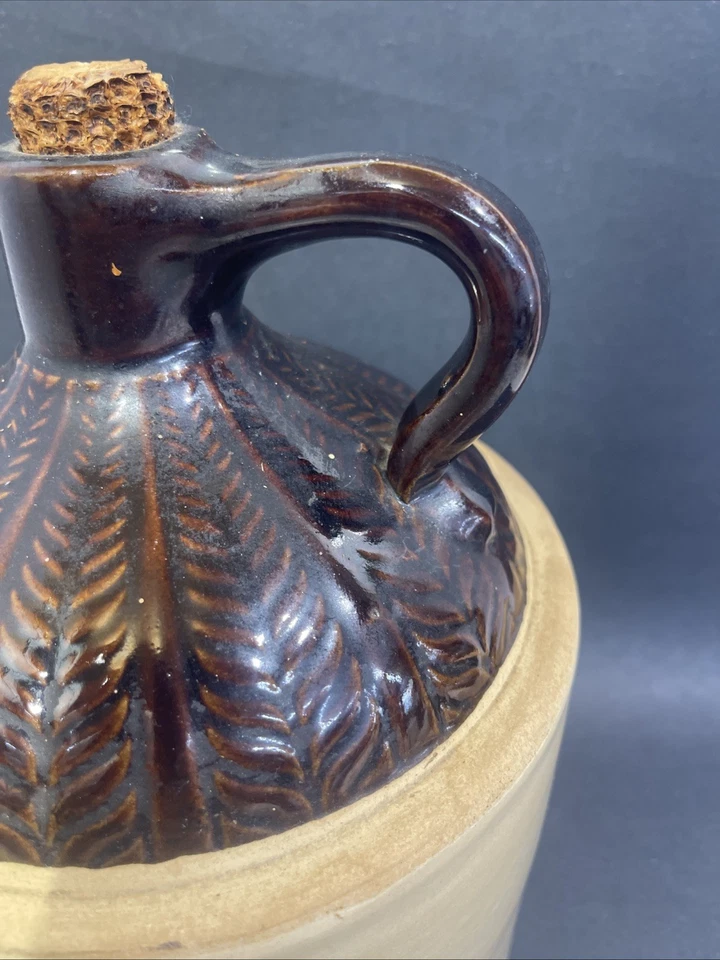 Ant. Primitve 1 Gal. Stone Croc Moonshine Shoulder Jug Wheat Pattern Cobb Stopr - Image 3 of 4
