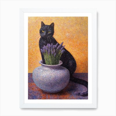 Lavendel mit Katze 4 Pointillismus S gerahmtes Wandbild Poster Leinwanddruck Bild