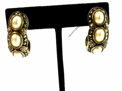 Very Nice Mallorca Pearl and Marcasite Half Hoop Earrings Sterling Silver