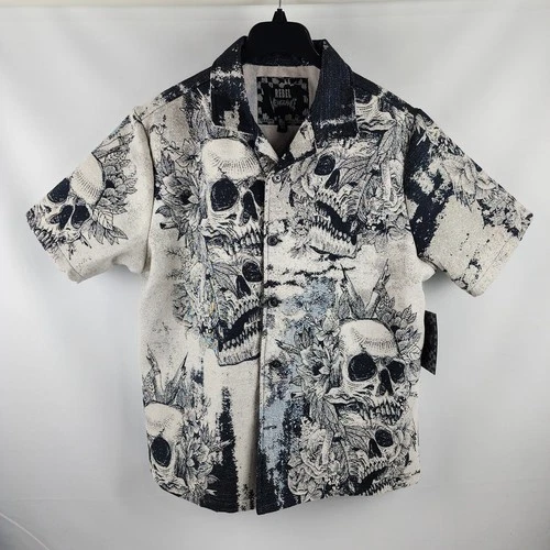 Rebel Vengeance Jacket Mens XL Multi Skull Tapestry S/S Button Up Halloween NWT - product listing photo
