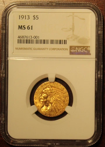 1913 $5 INDIAN GOLD HALF EAGLE NGC MS61