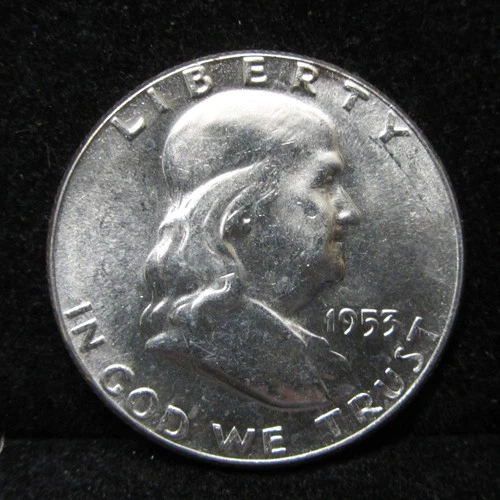 1953-P FRANKLIN HALF DOLLAR - 90% SILVER - UNCIRCULATED  ABOUT 70% BELL LINES