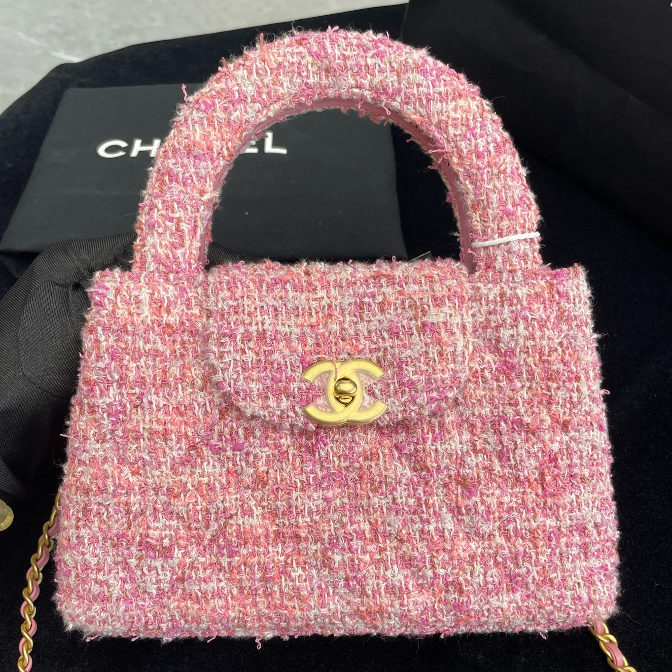 Chanel 24P Kelly Tweed Pink Gold Chain Shoulder Bag Women's Fashion