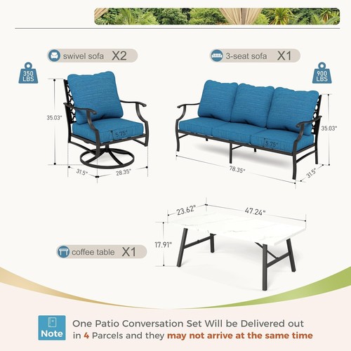 4 Piece Patio Furniture Set Outdoor Conversation Set 2 Swivel Chair for Backyard - Picture 3 of 8