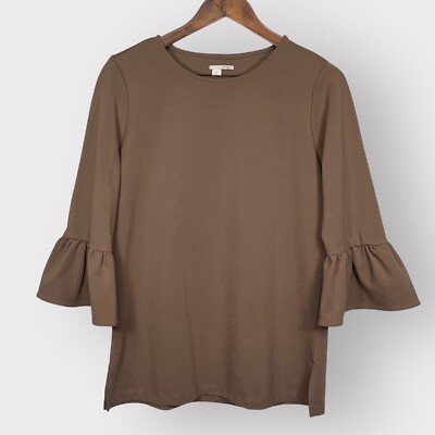 Halogen Ponte Top Women Size XS Brown 3/4 Bell Sleeve Boat Neck Thick Stretch