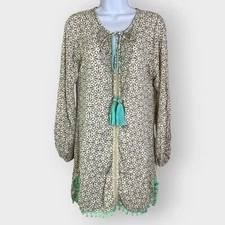 Skemo Cover Up Dress | S | Tan White | Tasseled Crochet Beaded | Beachy Resort