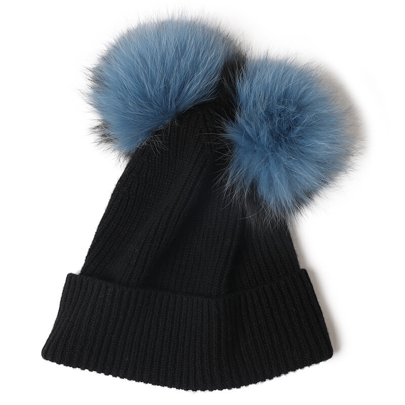 Pure Mongolian Cashmere Crochet Hat Two Real Raccoon Fur Pom  display picture 3