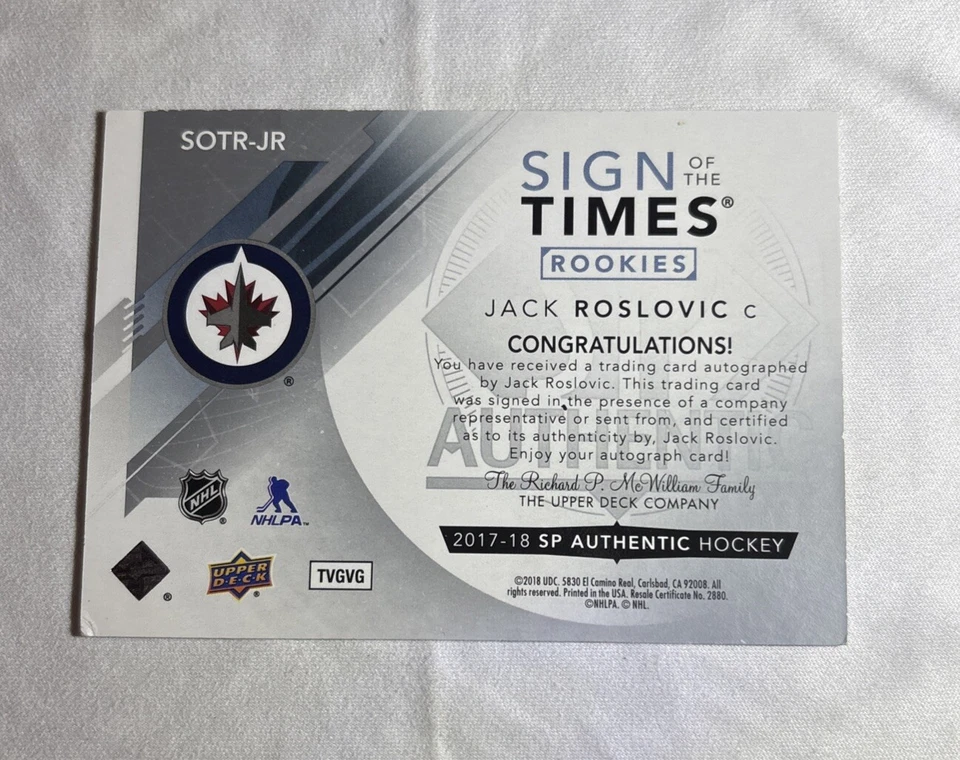 2017-18 SP Authentic Sign of the Times #SOTR-JR Jack Roslovic Inscribed RC Auto  - Image 2 of 2