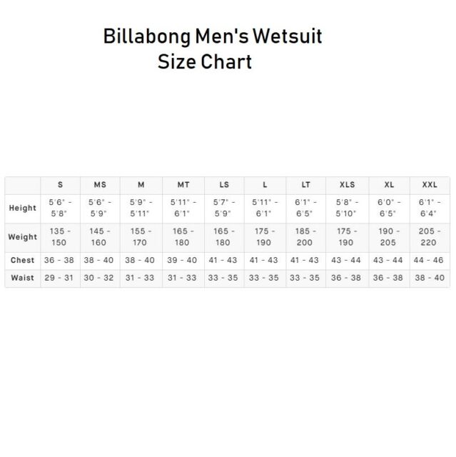 Billabong Mens Wetsuit Size Chart