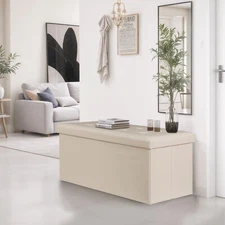  43" Folding Storage Ottoman Bench Storage Chest Footrest Coffee Table Beige