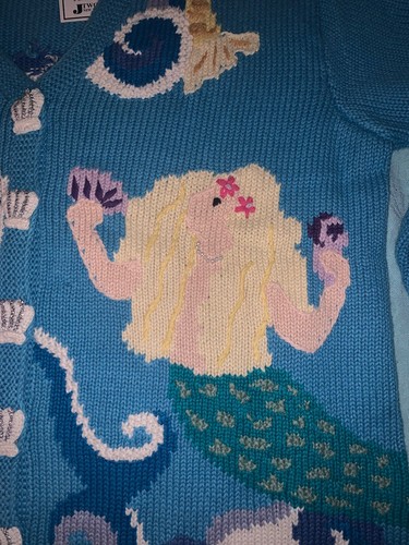 Cárdigan STORYBOOK KNITS Vintage Bordado Sirena Océano Mar Cuello en V 1X (Q) - Imagen 7 de 12